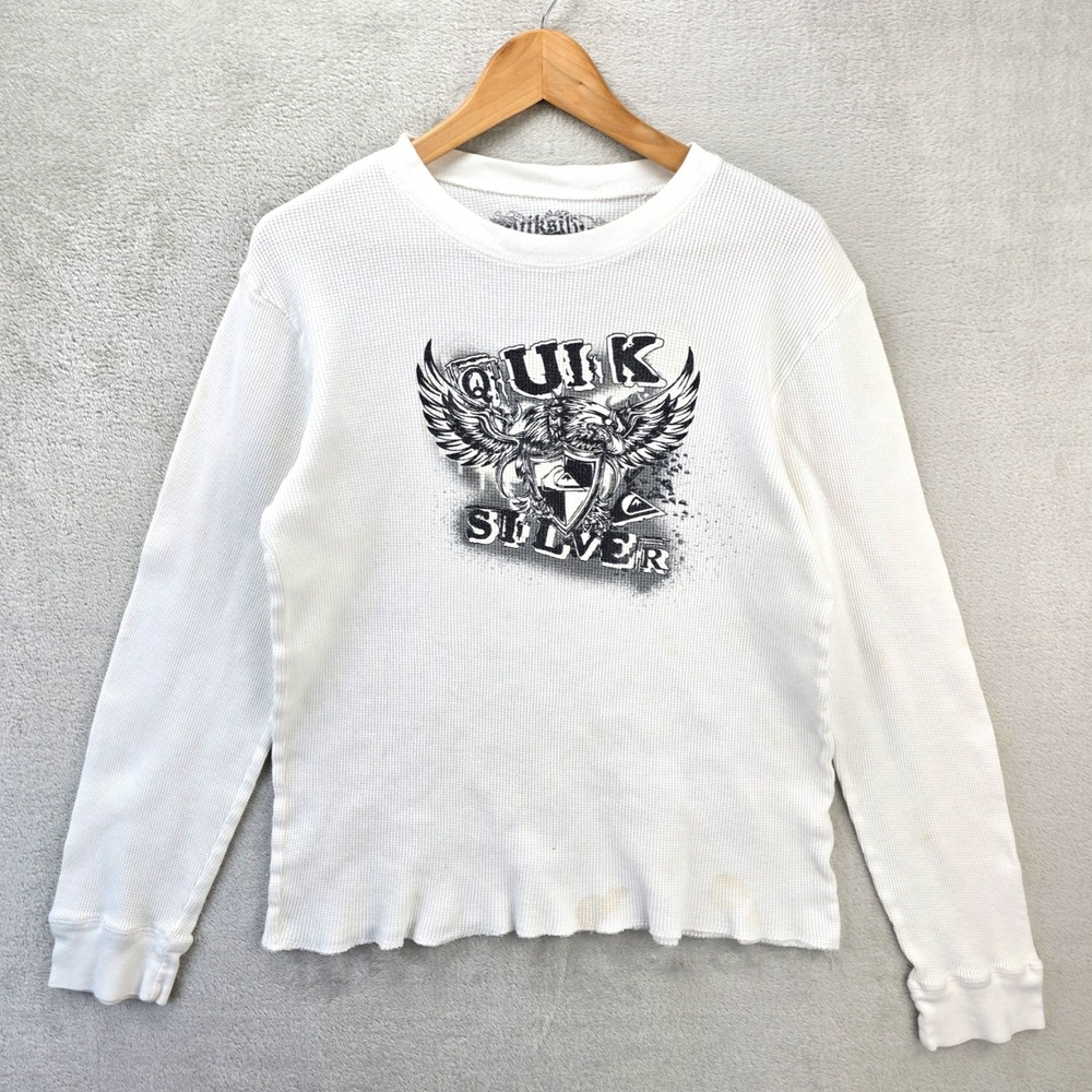 Vintage Quiksilver Thermal Shirt Large White Waffle Knit Grunge Y2K Surf Skate